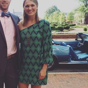 Green and blue dress. one bell sleeve. size med.